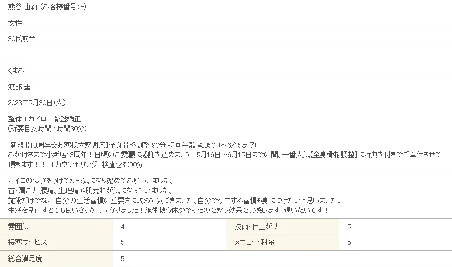 くまお様(女性 / 30代 / 看護師)